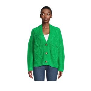Green Chunky Knit V-Neck Cardigan Sweater Bright Kelly Green Size Large